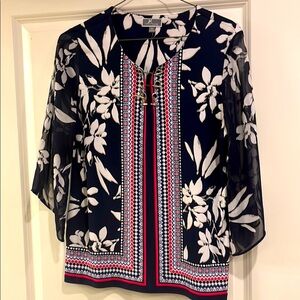 JM Collection Navy and White Floral Tunic Blouse
